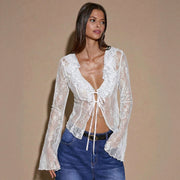 Strap and slit long sleeved V-neck lace top